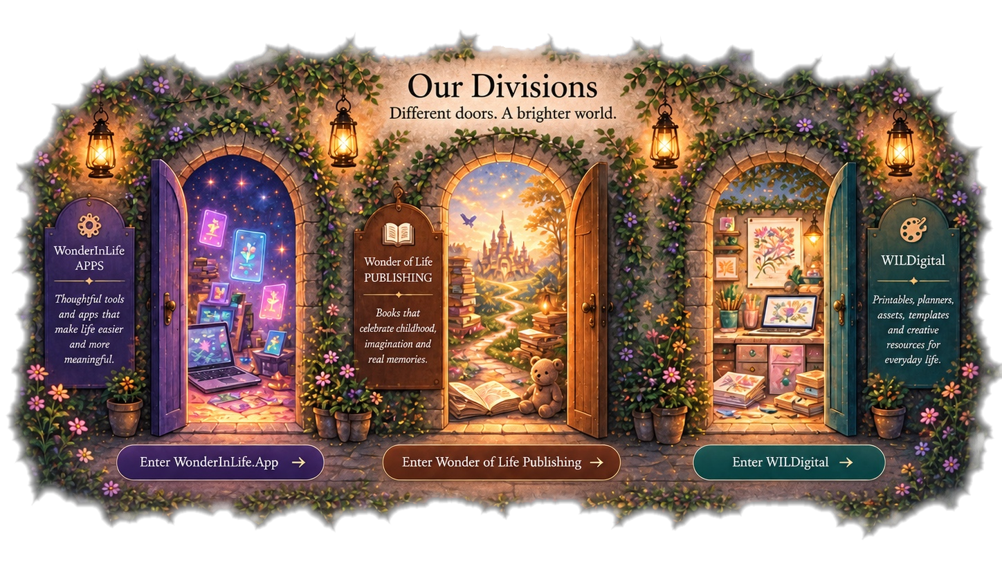 Three current public doorways for WonderInLife Apps, Wonder of Life Publishing, and WonderInLife Digital / WILDigital, surrounded by lanterns, ivy, flowers and warm light.